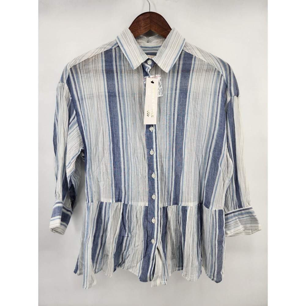 Finn & Grace Women Blue White Striped‎ Cotton Peplum Button Down Shirt NEW